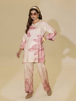 TITTLI - Women Round Neck Printed Viscose Rayon Pink Co-Ords
