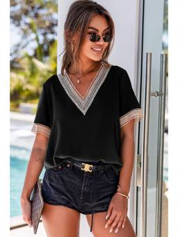 Errabelly - Black Lace Trim V Neck Short Sleeve Top