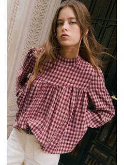 Errabelly - Coral Country Plaid Long Sleeve Button Keyhole Top