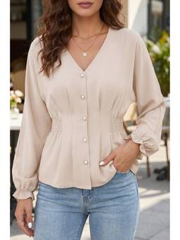 Errabelly - Oatmeal V Neck Long Sleeve Smocked Waist Elegant Top