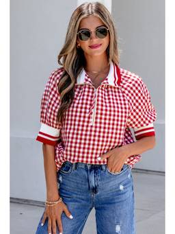 Errabelly - Red Gingham Striped Patchwork Half Zip Top
