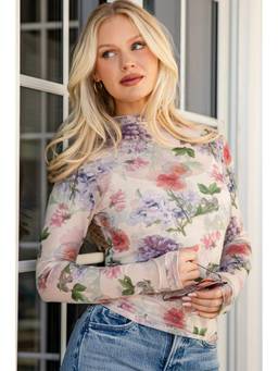 Errabelly - Multicolor Floral Mesh Thumbhole Long Sleeve Slim Top