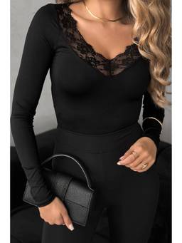 Errabelly - Black Lace Trim Elegant Neckline Long Sleeve Slim Top