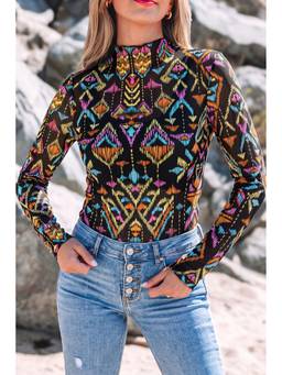 Errabelly - Multicolor Print Long Sleeve Stand Neck Mesh Top