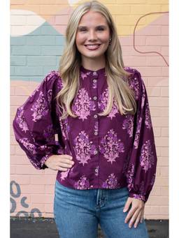Errabelly - Purple Floral Print Button Front Long Puff Sleeve Top