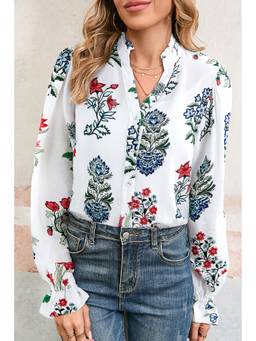 Errabelly - White Floral Print Frilled Collar Long Sleeve Top