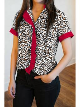 Errabelly - Multicolor Contrast Frilled V Neck Trimmed Leopard Top