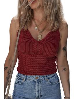 Errabelly - Burgundy Cable Knit Pointelle Slim Fit V Neck Top