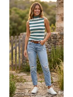 LASOON - Green Women’s Striped Sleeveless High-Neck Slim-Fit Top