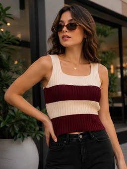 LASOON - Wine Women’s Ribbed Striprd Sleeveless Square Neck Top