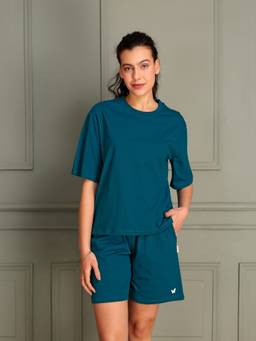 TITTLI - Women Pure Cotton Solid Blue T-Shirt And Shorts Co-Ord Set