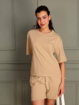 TITTLI - Women Pure Cotton Solid Beige T-Shirt And Shorts Co-Ord Set