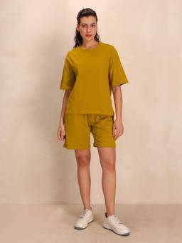 TITTLI - Women Pure Cotton Solid Yellow T-Shirt And Shorts Co-Ord Set