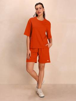 TITTLI - Women Pure Cotton Solid Orange T-Shirt And Shorts Co-Ord Set