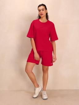 TITTLI - Women Pure Cotton Solid Pink T-Shirt And Shorts Co-Ord Set