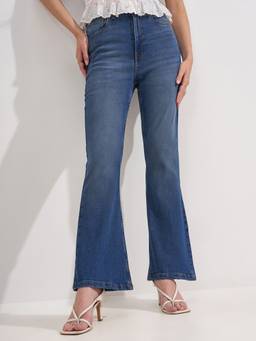TOKYO TALKIES - Blue Women Blue Solid Bell Bottom High Rise Jeans