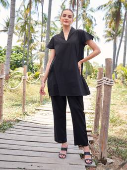 TITTLI - Women's Pure Cotton Solid Black Co-ords