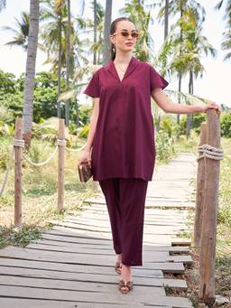 TITTLI - Women's Pure Cotton Solid Wine Co-ords