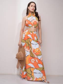 TOKYO TALKIES - Women Multicolor Printed Halter Top And Skirt