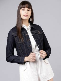 TOKYO TALKIES - Women Navy Blue Solid Denim Jacket