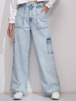 TOKYO TALKIES - Blue Women Blue High Waist Flared Cargo Jeans