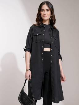 TOKYO TALKIES - Women Black Button-Down Longline Jacket