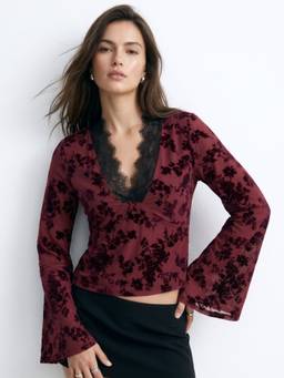 Outzidr - Wine Floral Mesh Embroidery V-Neck Top