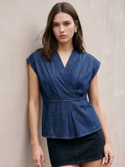 Outzidr - Blue Denim Off-Shoulder With Pleated Details Top