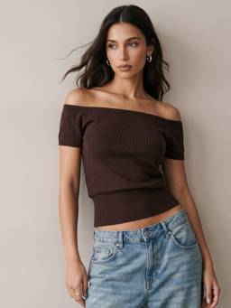 Outzidr - Brown Off Shoulder Fitted Top