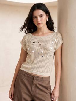 Outzidr - Cream Crochet Coin Shell Top
