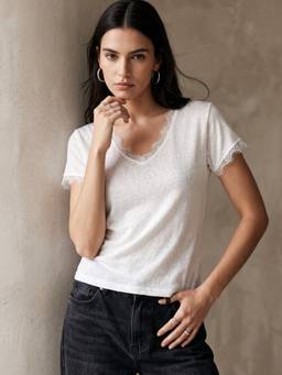 Outzidr - White Relaxed With Lace Inserts Top