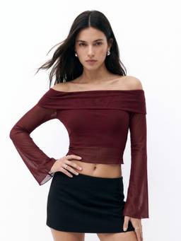 Outzidr - Wine Off-Shoulder Bell Sleeved Mesh Top
