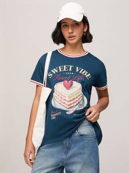 DILLINGER - Women Cotton Printed Blue Tshirt