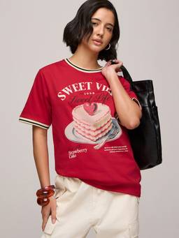 DILLINGER - Women Cotton Round Neck Printed Red Tshirt