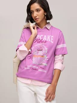 DILLINGER - Women Cotton Round Neck Printed Purple Tshirt