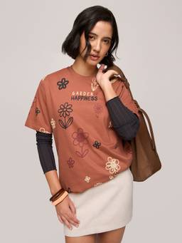 DILLINGER - Women Cotton Printed Brown Tshirt