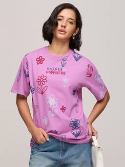 DILLINGER - Women's Cotton Round Neck Printed Purple Tshirt