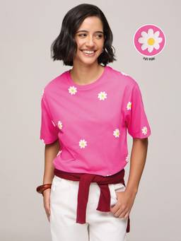 DILLINGER - Women's Cotton Embroidered Pink Tshirt