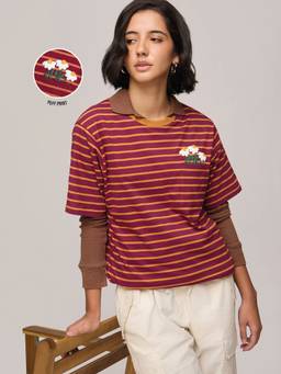 DILLINGER - Women's Cotton Stripes Maroon Tshirt