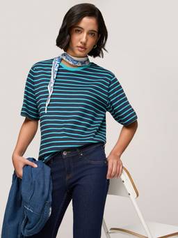 DILLINGER - Women Cotton Round Neck Stripes Navy Blue Tshirt