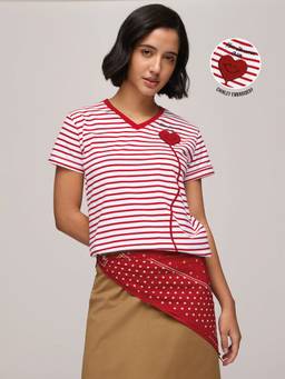 DILLINGER - Women's Cotton V-Neck Stripes White Tshirt