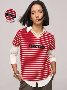 DILLINGER - Women's Cotton V-Neck Stripes Red Tshirt