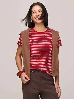 DILLINGER - Women's Cotton Round Neck Stripes Red Tshirt
