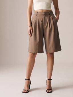Outzidr - Brown High Waist Front Pleated Bermuda Shorts