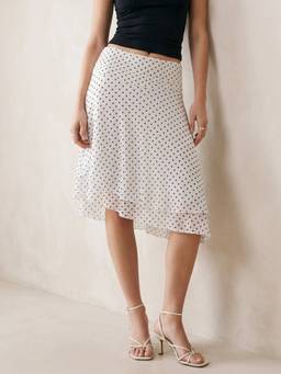 Outzidr - White High Waist Polka Printed Skirt
