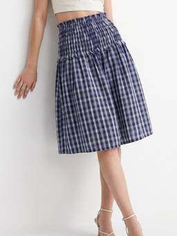 Outzidr - Navy Blue Checkered Cinched Waist Skater Skirt