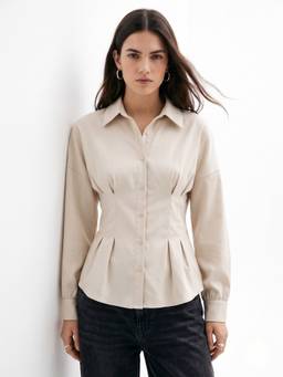 Outzidr - Beige Cinched Waist Peplum Shirt
