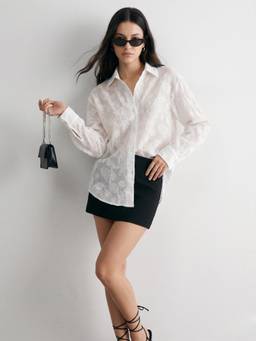 Outzidr - White Full Sleeve Self Design Shirt