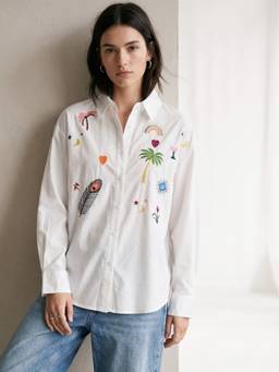 Outzidr - White Full Sleeve Front Buttoned Embroidery Shirt