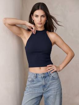 Outzidr - Navy Blue Round Neck Fitted Tank